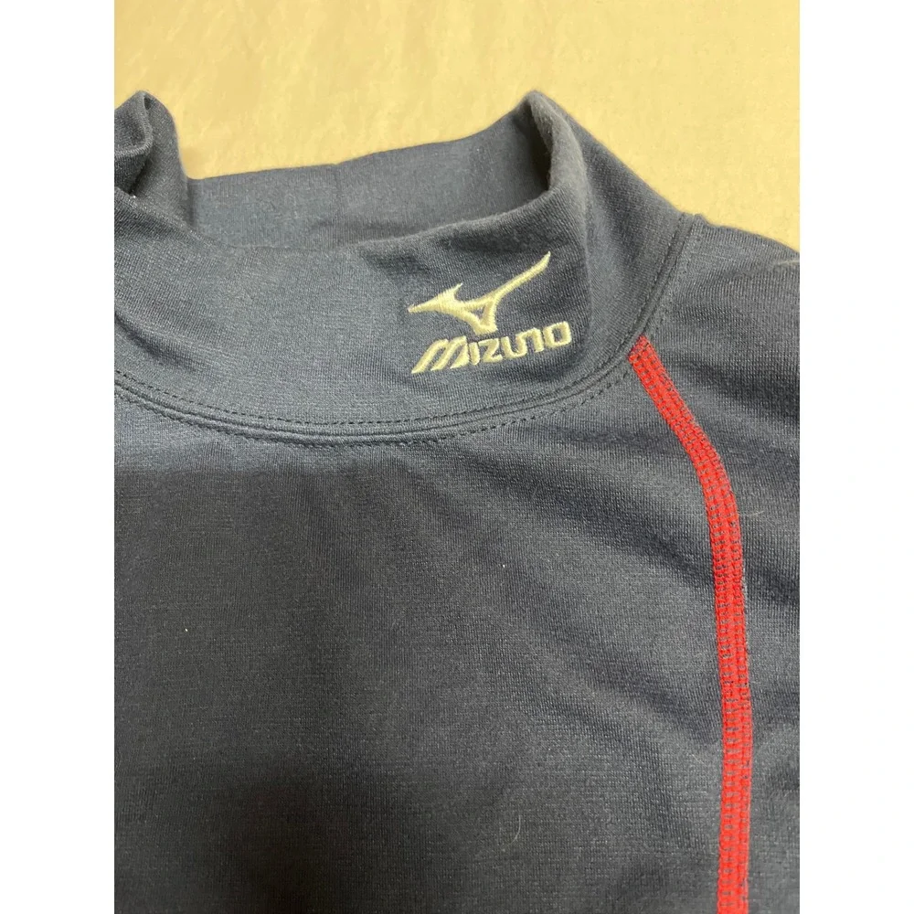 Mizuno Mens Long Sleeve Mock Neck Athletic Base Layer Navy Blue Red RN 89730 L - Picture 3 of 5